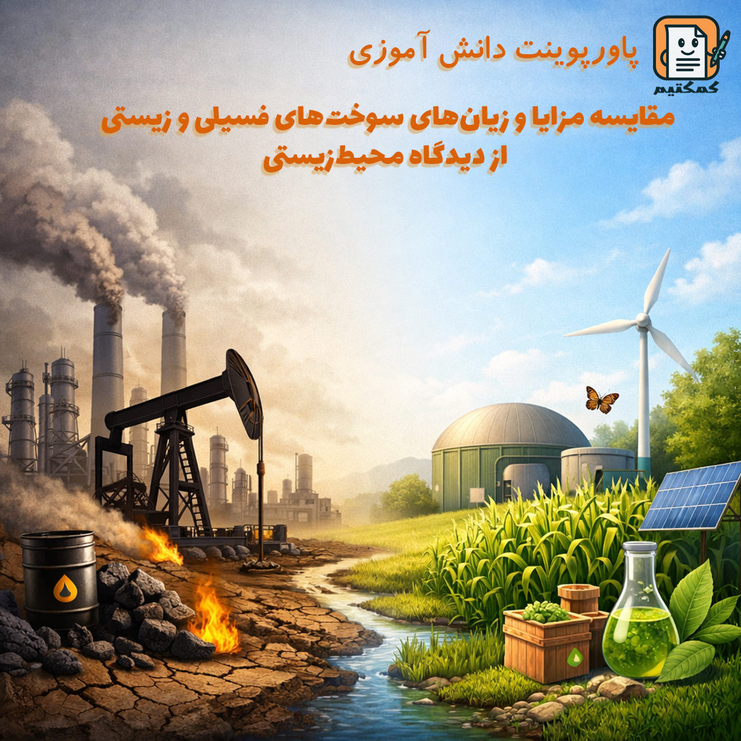 پاورپوینت دانش آموزی «مقایسه مزایا و زیان‌های سوخت‌های فسیلی و زیستی از دیدگاه محیط‌زیستی» + متن تحقیق + doc + pptx